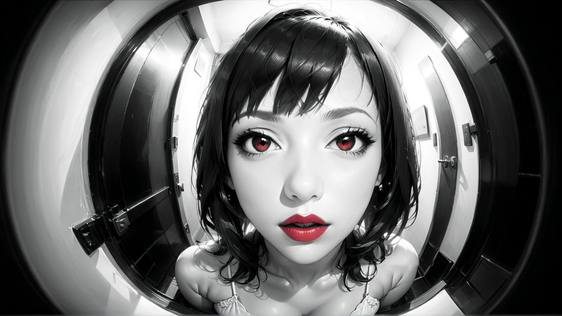 AI generated wallpaper featuring woman, corridor, mirror, door
