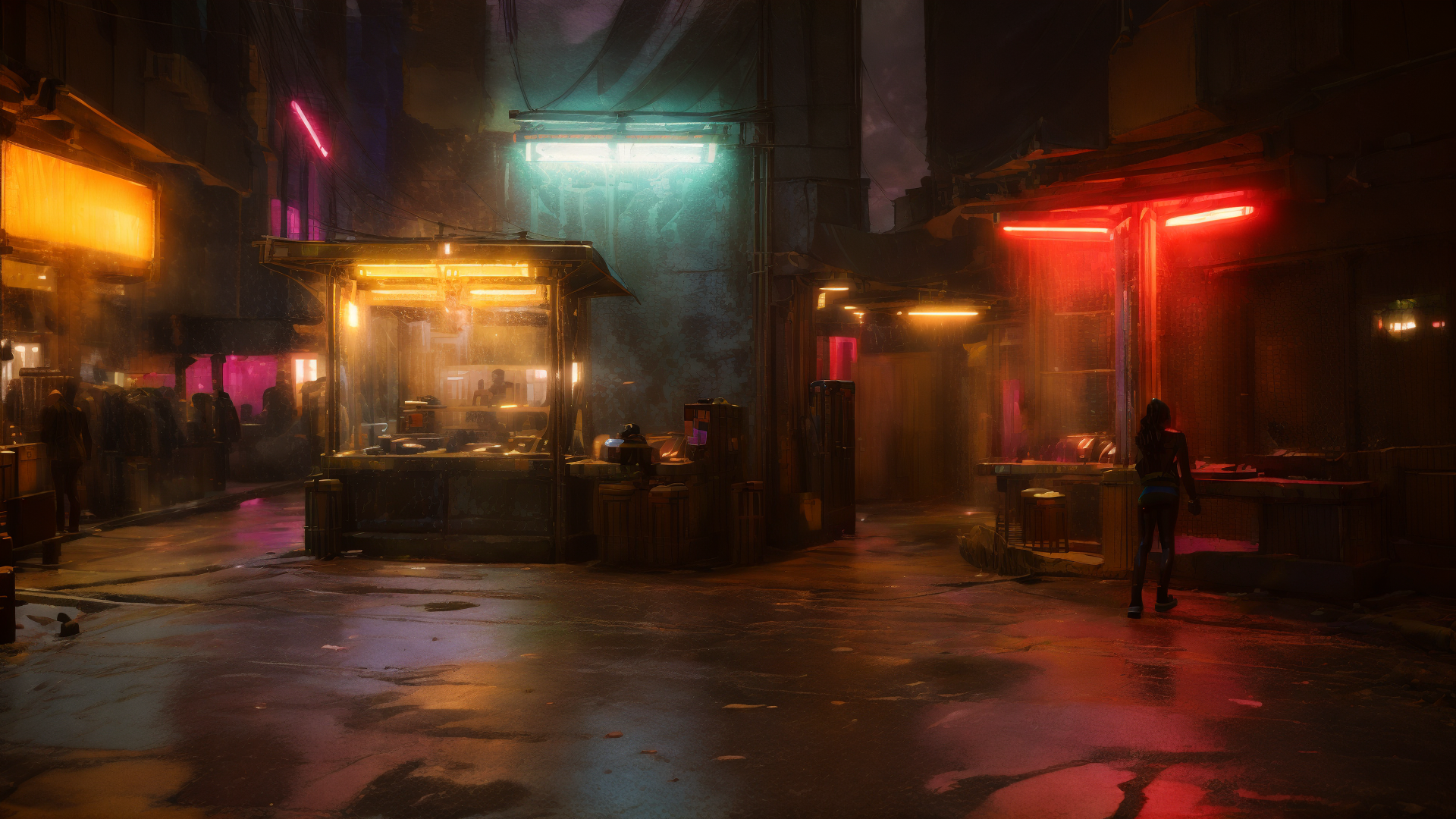 AI generated wallpaper featuring alley, food stall, person