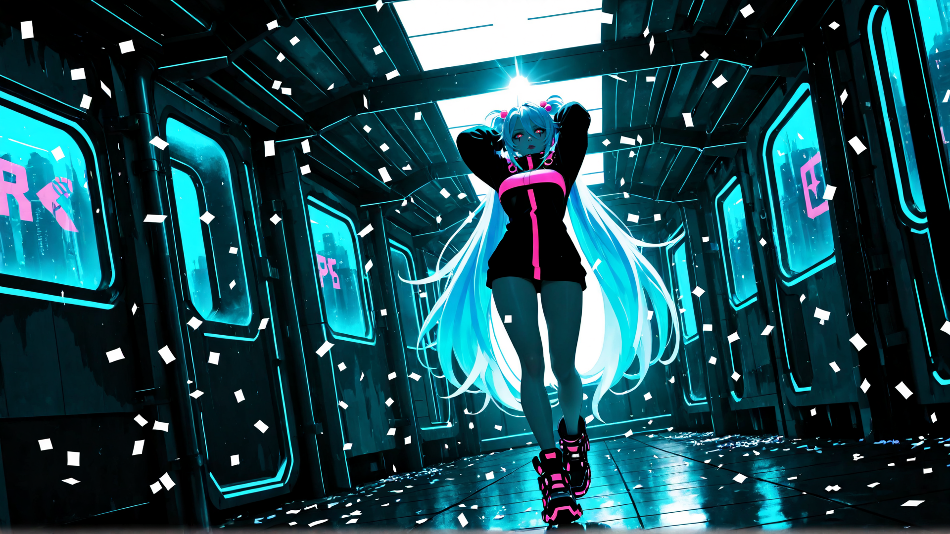AI generated wallpaper featuring girl, anime, miku, hair, train, confetti, cityscape, neon, futuristic, shoes