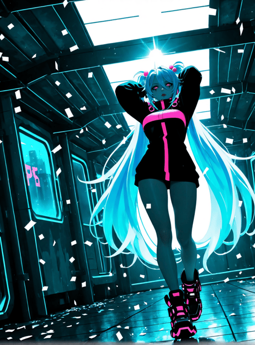 girl, anime, miku, hair, train, confetti, cityscape, neon, futuristic, shoes