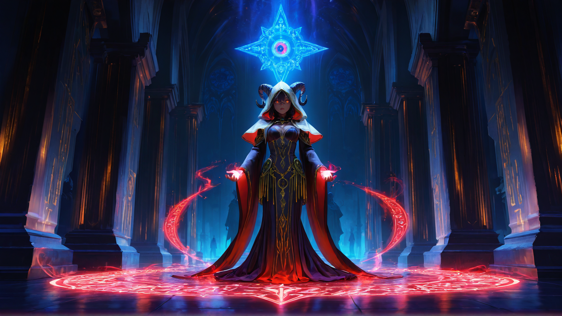 AI generated wallpaper featuring witch, mage, demon