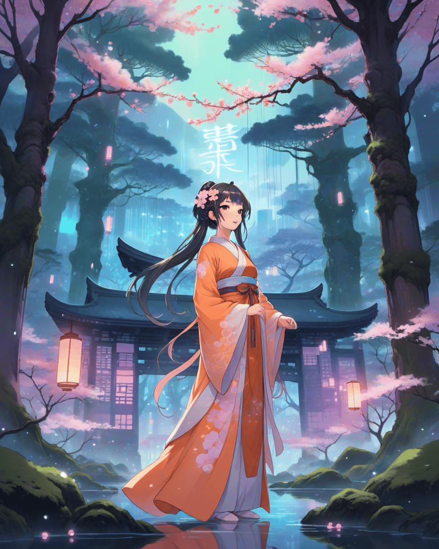 AI generated wallpaper featuring girl, cherry blossoms, pagoda