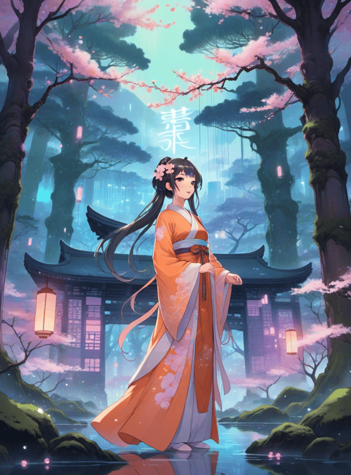 girl, cherry blossoms, pagoda