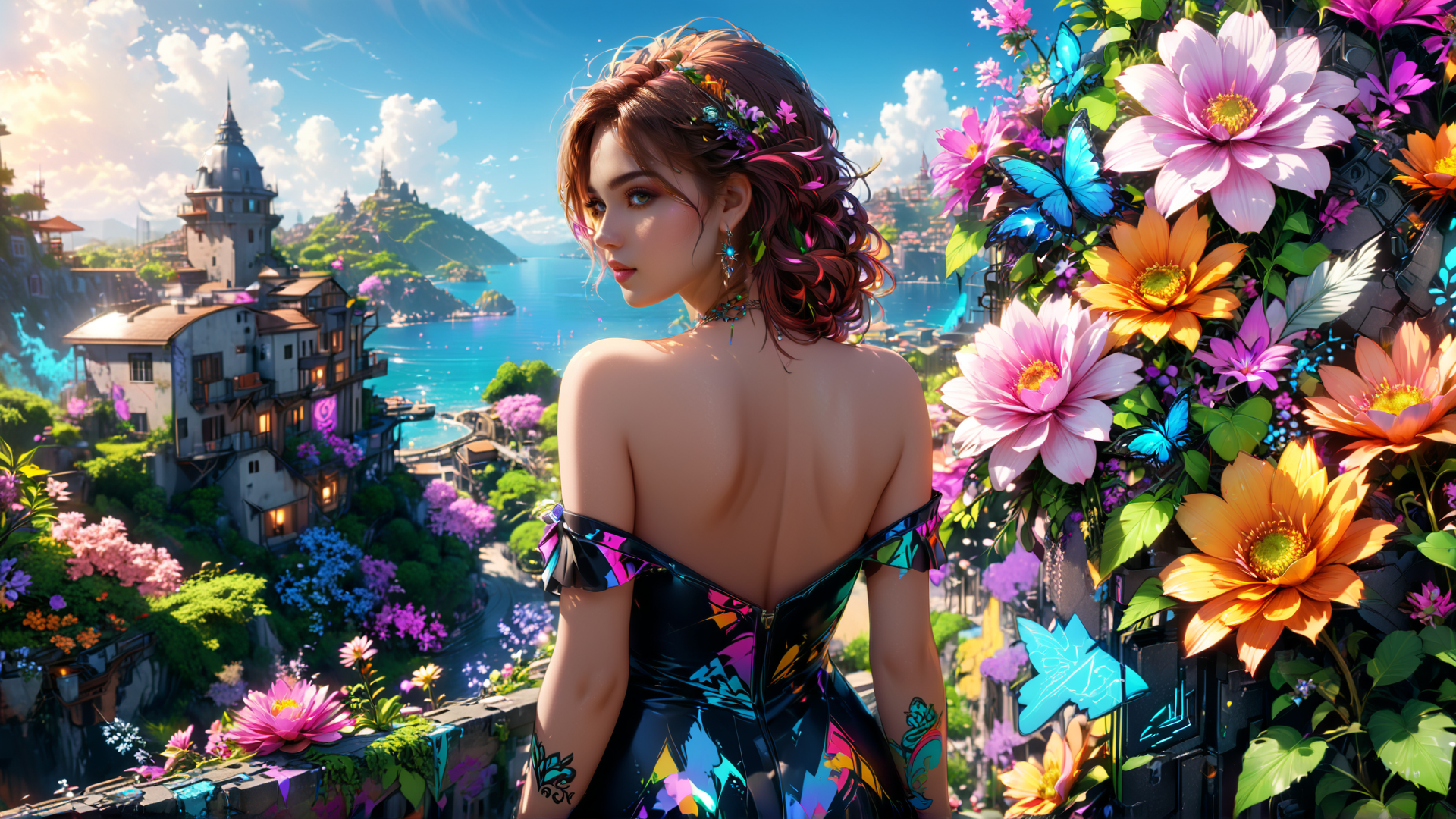AI generated wallpaper featuring woman, flowers, butterflies