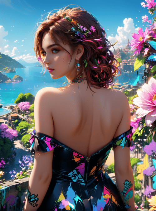 woman, flowers, butterflies