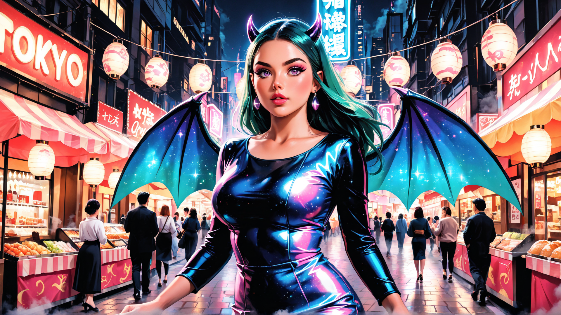 AI generated wallpaper featuring demon, woman, dragon, girl, city, street, market, lantern, sign, food