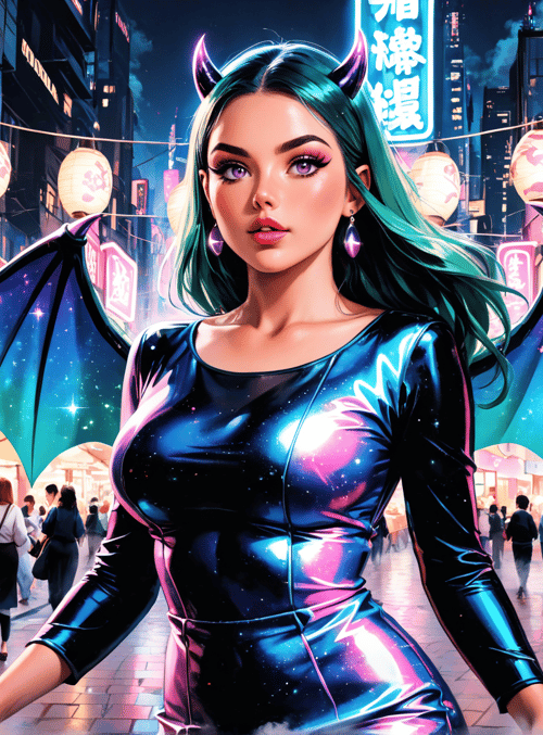 demon, woman, dragon, girl, city, street, market, lantern, sign, food