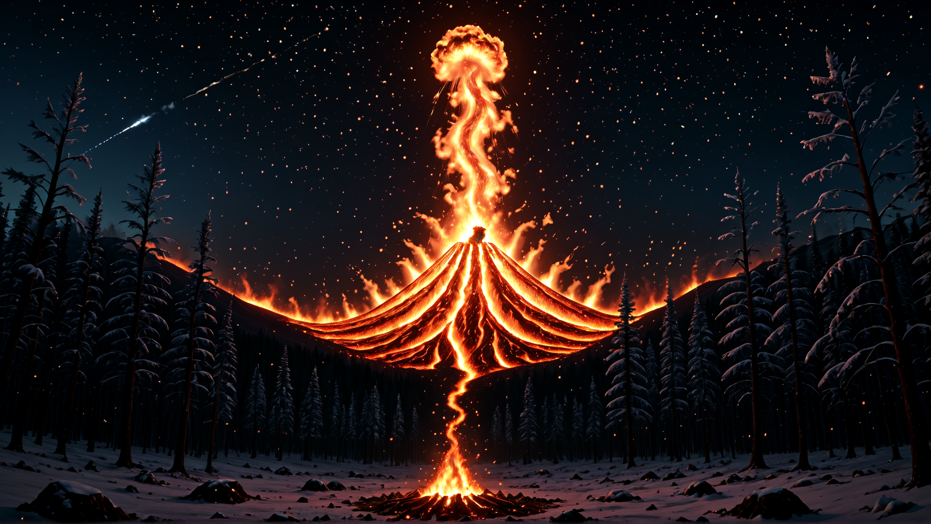 AI generated wallpaper featuring volcano, forest, snow, stars, fire, trees, mountains, sky, lava, ash