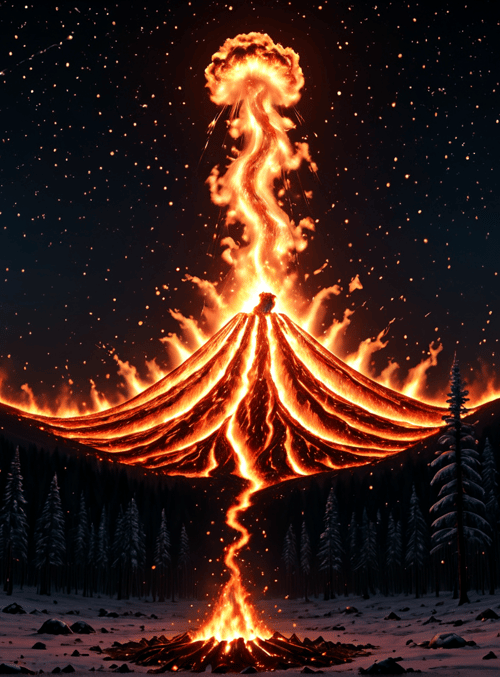 volcano, forest, snow, stars, fire, trees, mountains, sky, lava, ash