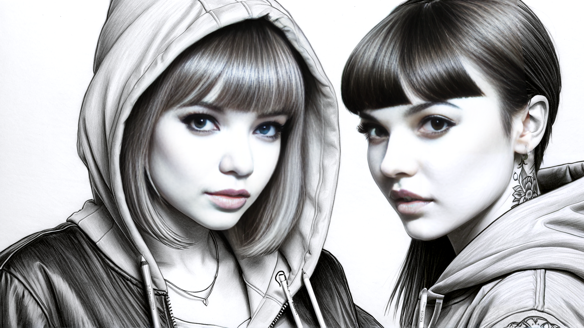 AI generated wallpaper featuring girl, hoodie, tattoo, hair, necklace, jacket