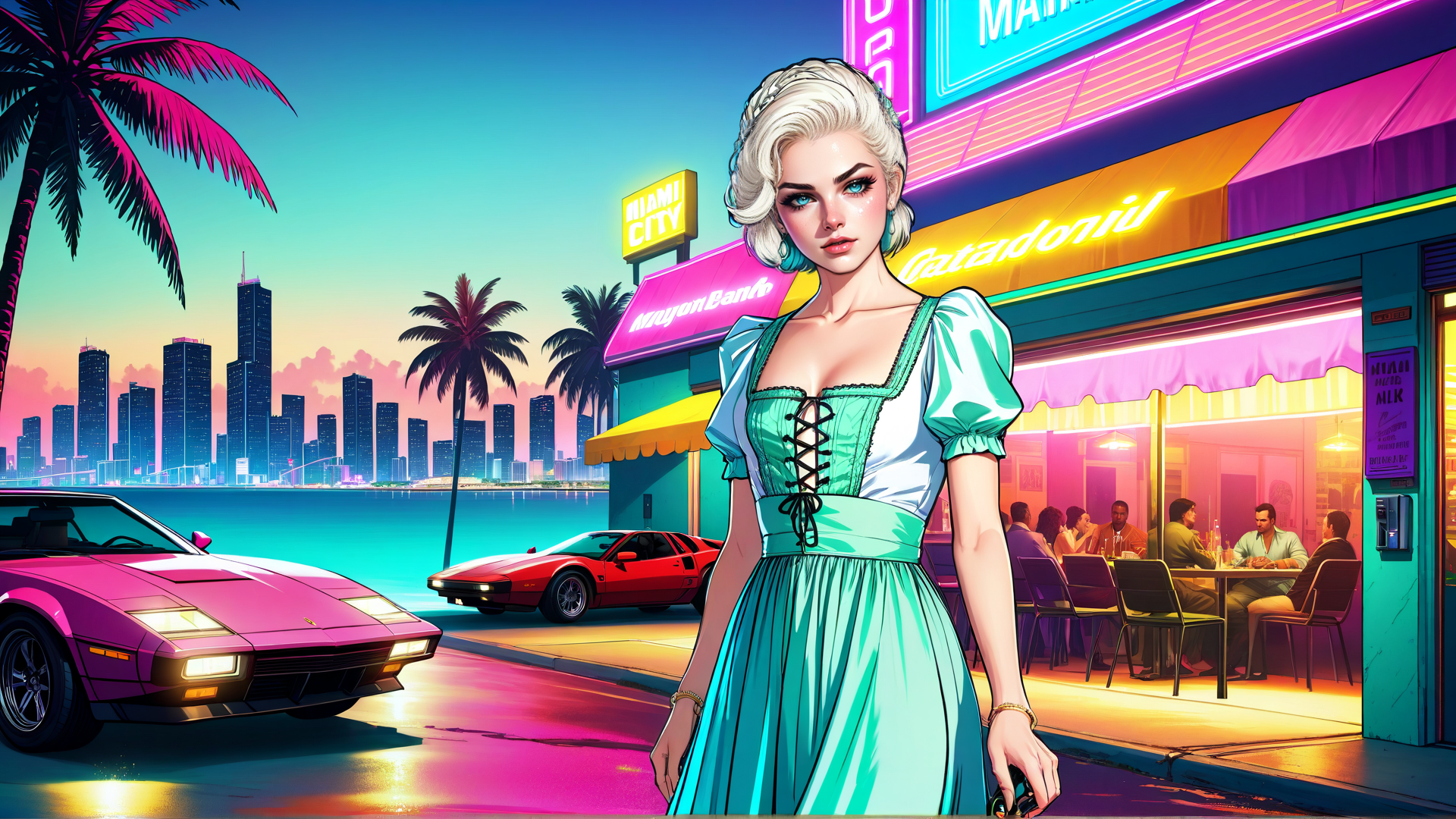 AI generated wallpaper featuring woman, car, cityscape, palm tree, restaurant