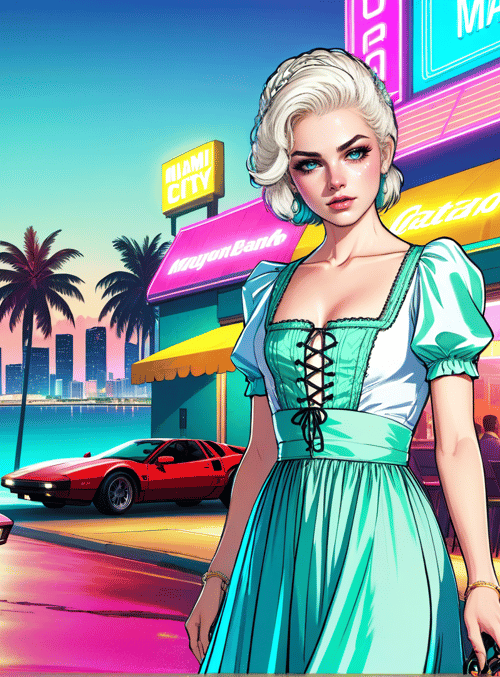woman, car, cityscape, palm tree, restaurant