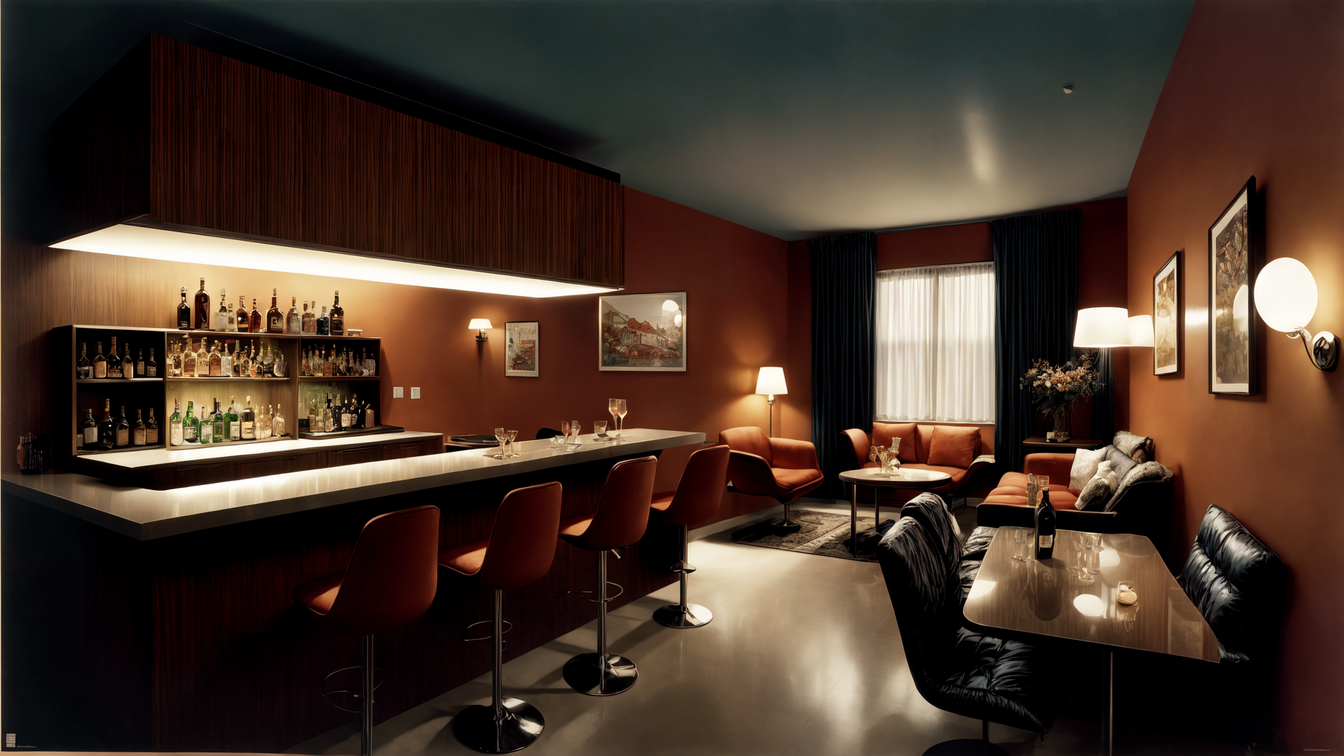 AI generated wallpaper featuring bar, sofa, chair, table, bottle, lamp, picture, curtain, rug, wine glass