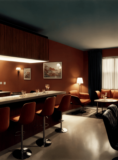 bar, sofa, chair, table, bottle, lamp, picture, curtain, rug, wine glass