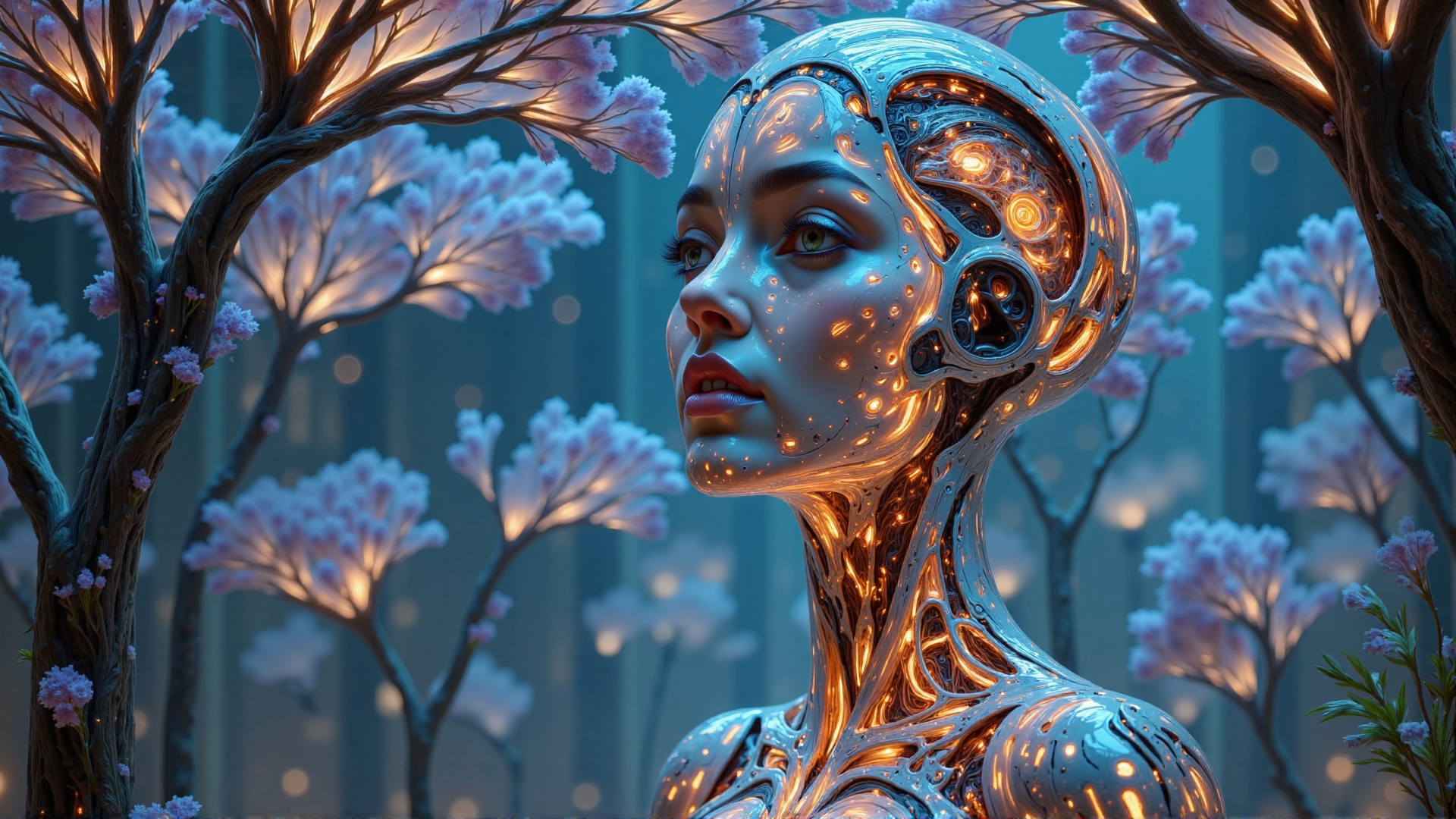 AI generated wallpaper featuring cyborg, tree, cherry blossom, neural network, futuristic, portrait, glowing, mechanical, humanoid, orchid