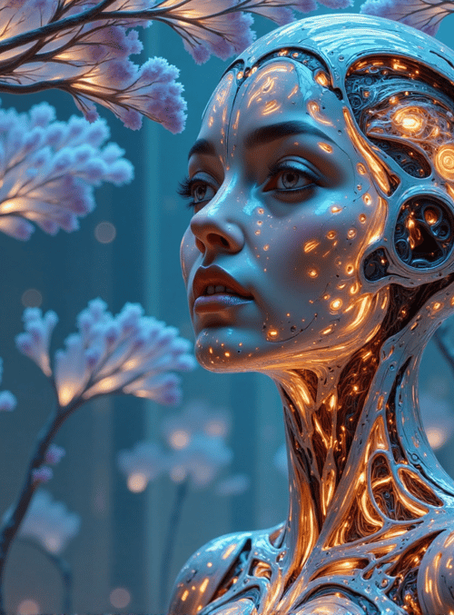 cyborg, tree, cherry blossom, neural network, futuristic, portrait, glowing, mechanical, humanoid, orchid