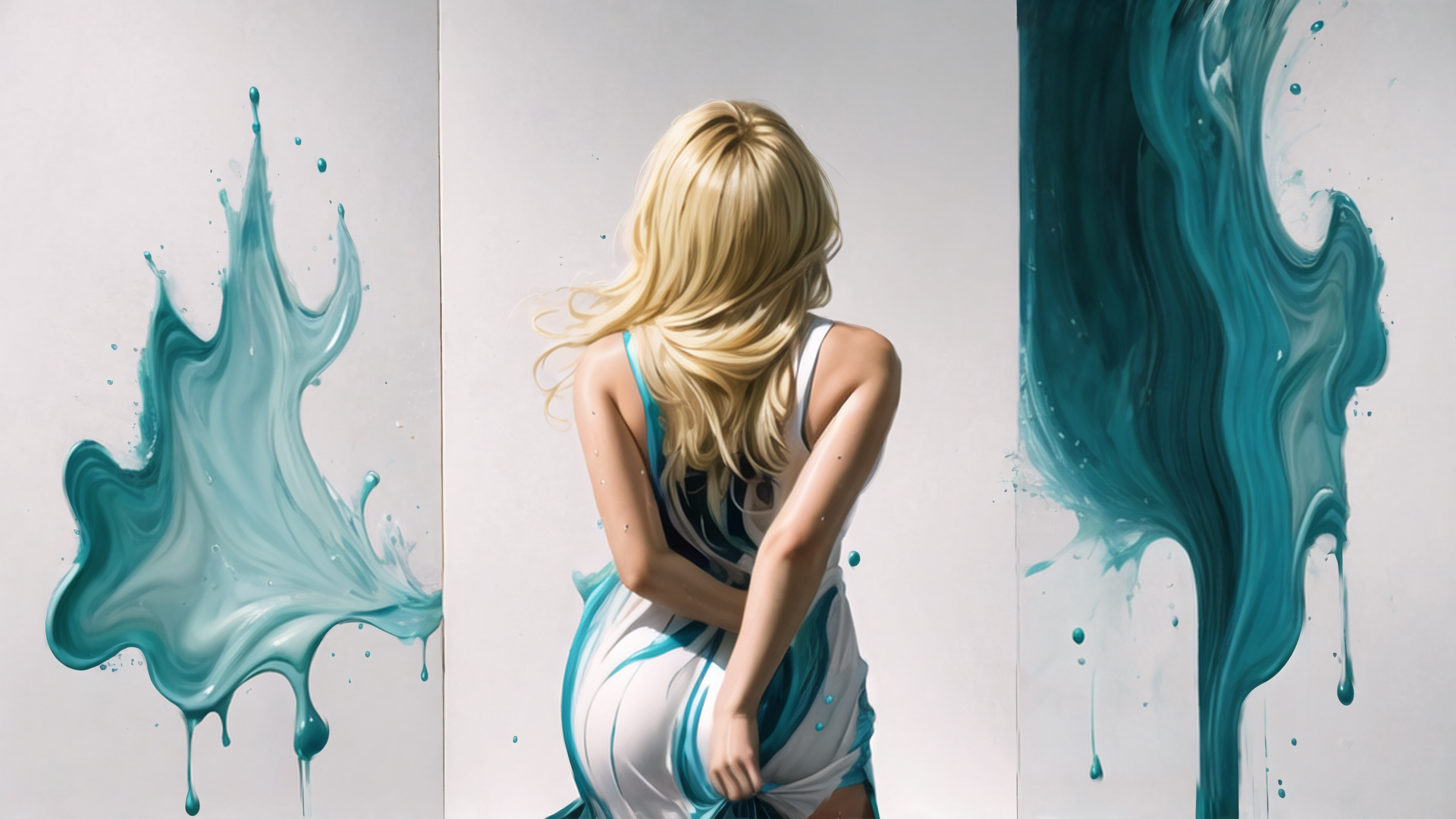 AI generated wallpaper featuring woman, paint, water