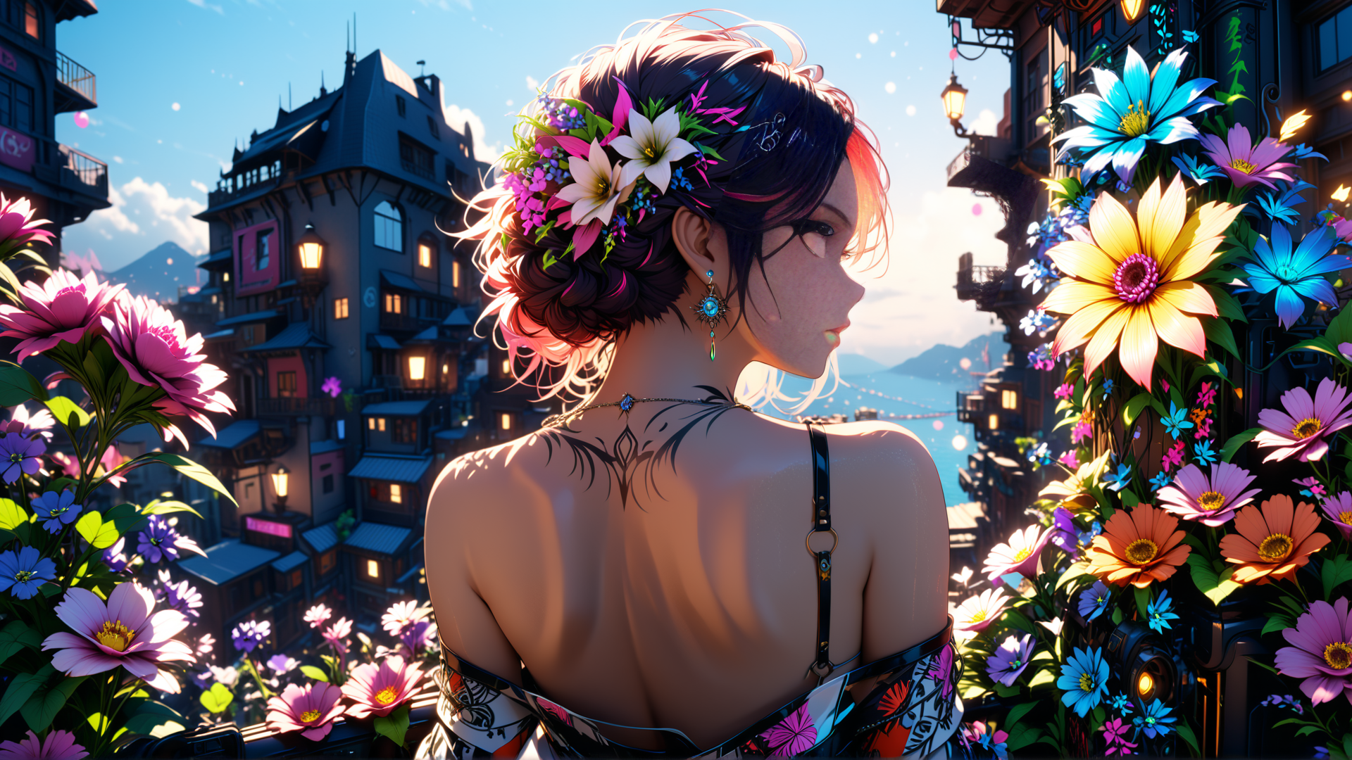 AI generated wallpaper featuring woman, flowers, city