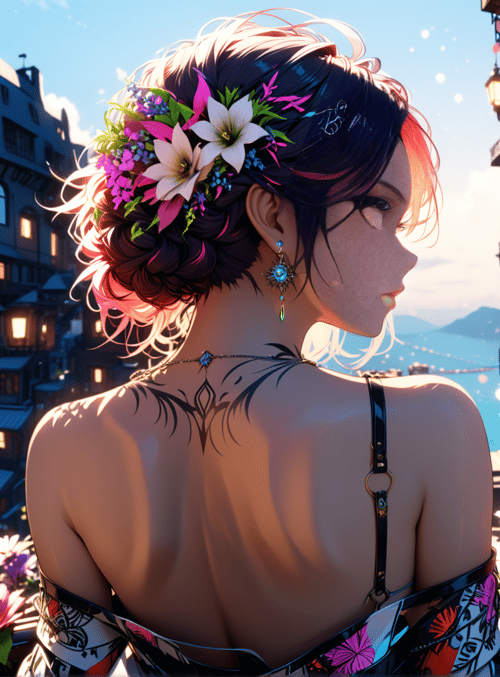 woman, flowers, city