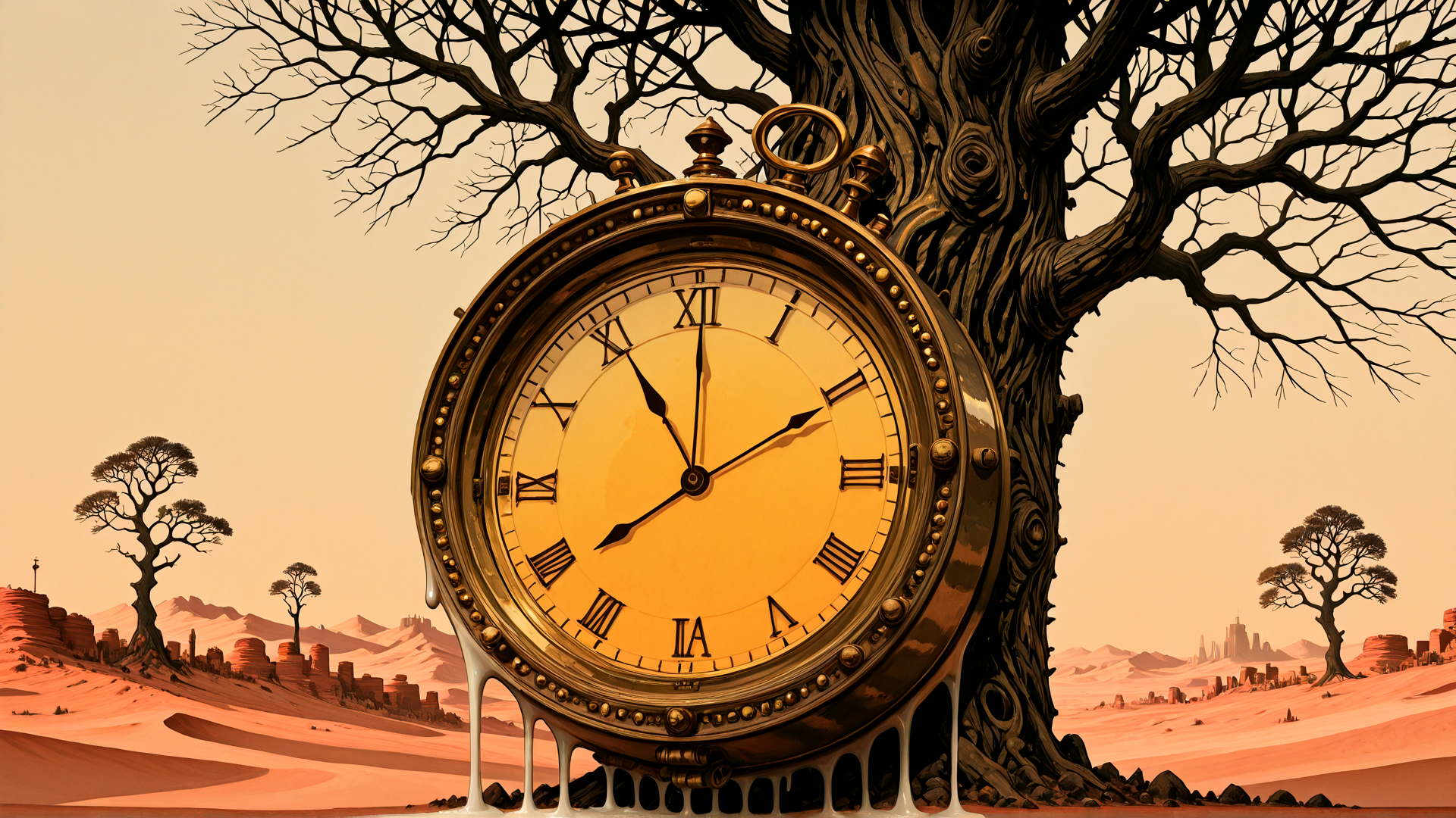 AI generated wallpaper featuring clock, tree, desert, sands
