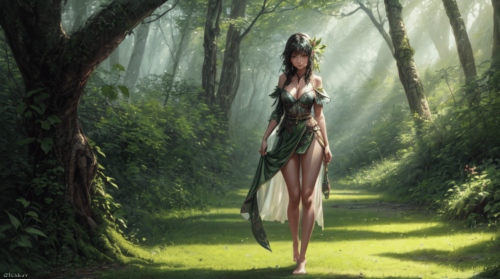 AI generated wallpaper featuring woman, nature, forest