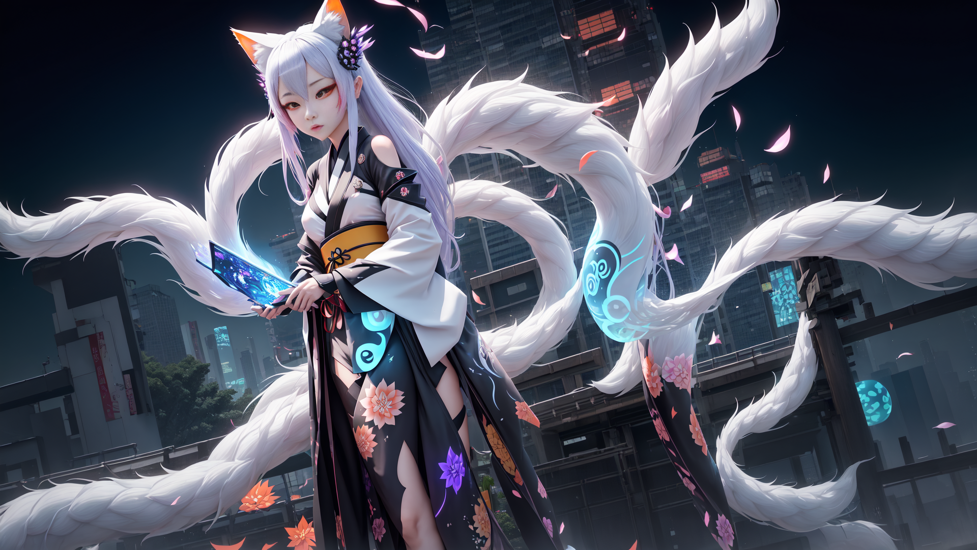AI generated wallpaper featuring fox, anime girl, urban