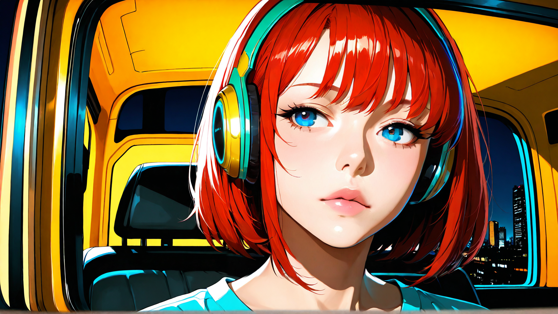 AI generated wallpaper featuring woman, headphones, car, cityscape, red hair, blue eyes, digital art, anime, urban, vehicle