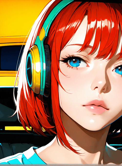 woman, headphones, car, cityscape, red hair, blue eyes, digital art, anime, urban, vehicle