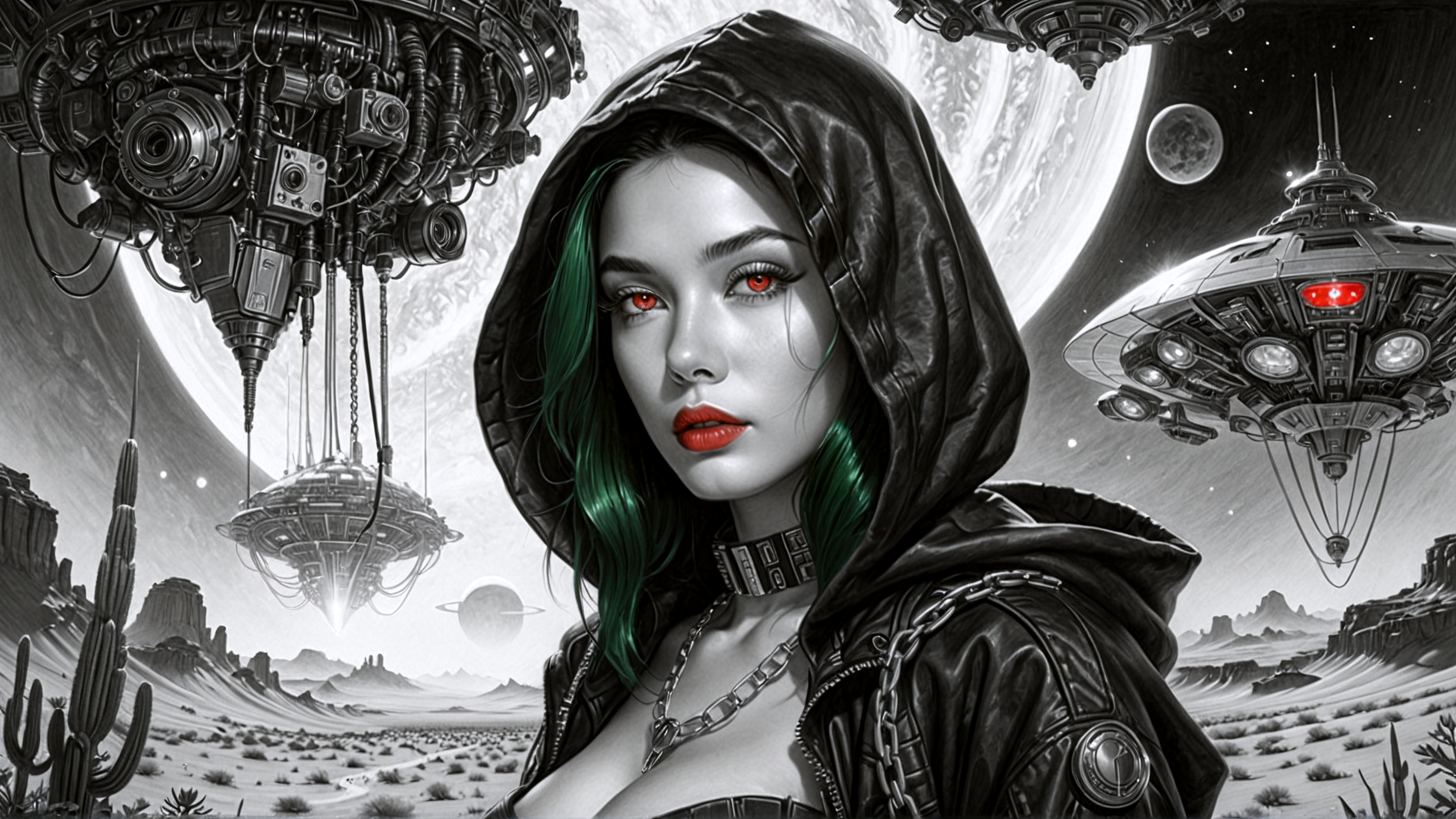 AI generated wallpaper featuring woman, hoodie, alien, spaceship, desert, cactus, planet, futuristic, choker, chain