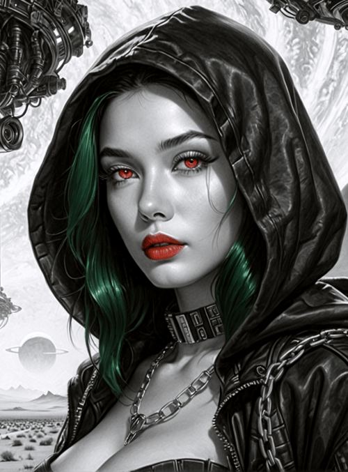 woman, hoodie, alien, spaceship, desert, cactus, planet, futuristic, choker, chain