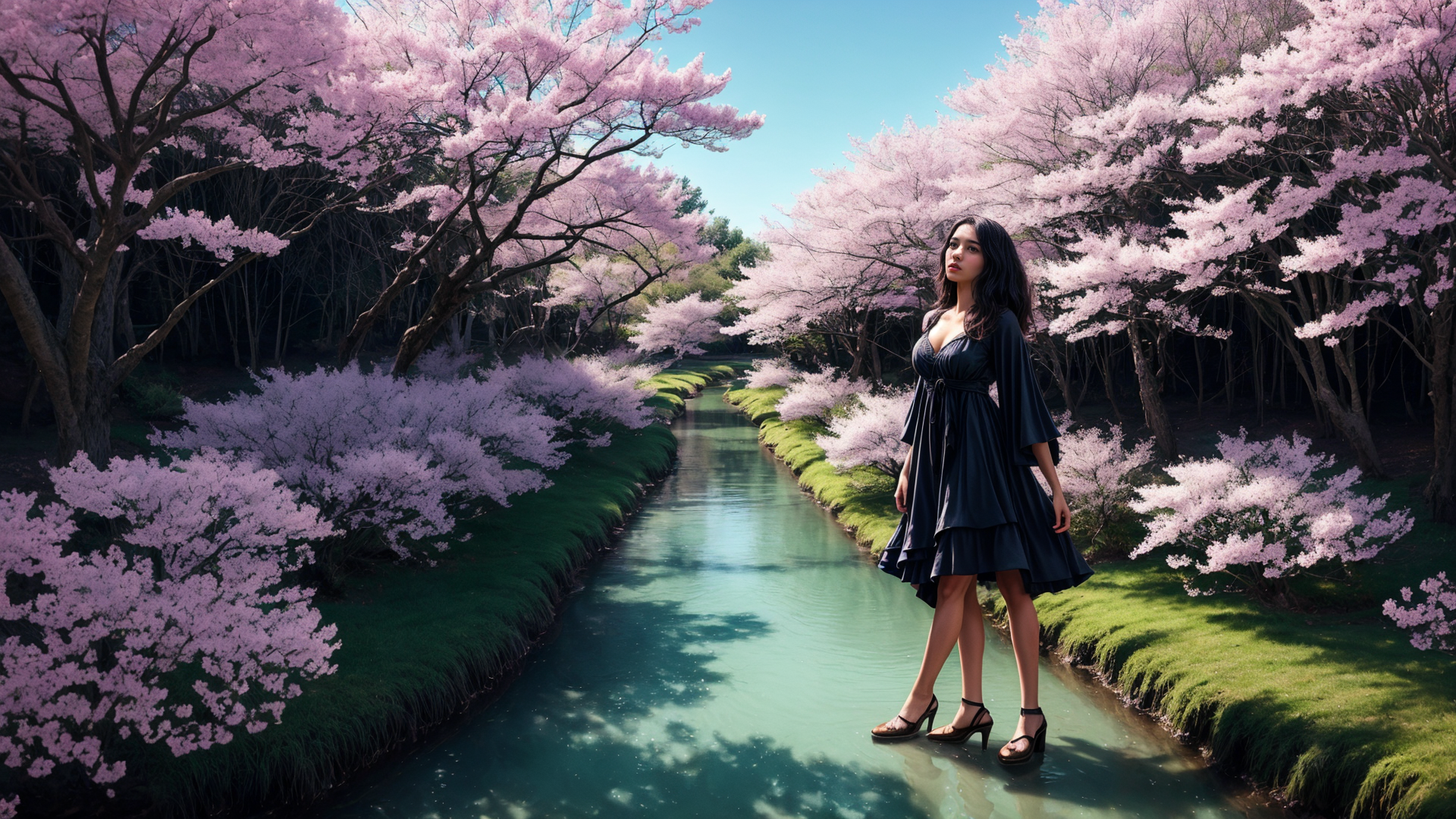 AI generated wallpaper featuring woman, cherry blossoms, river