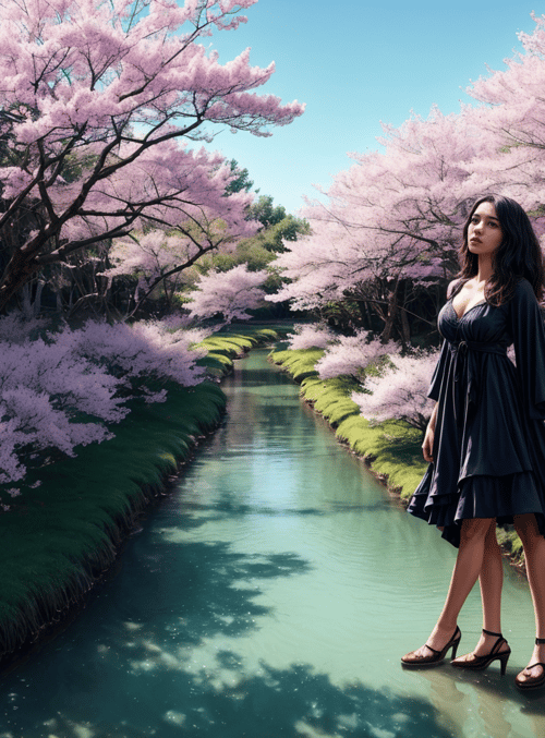 woman, cherry blossoms, river