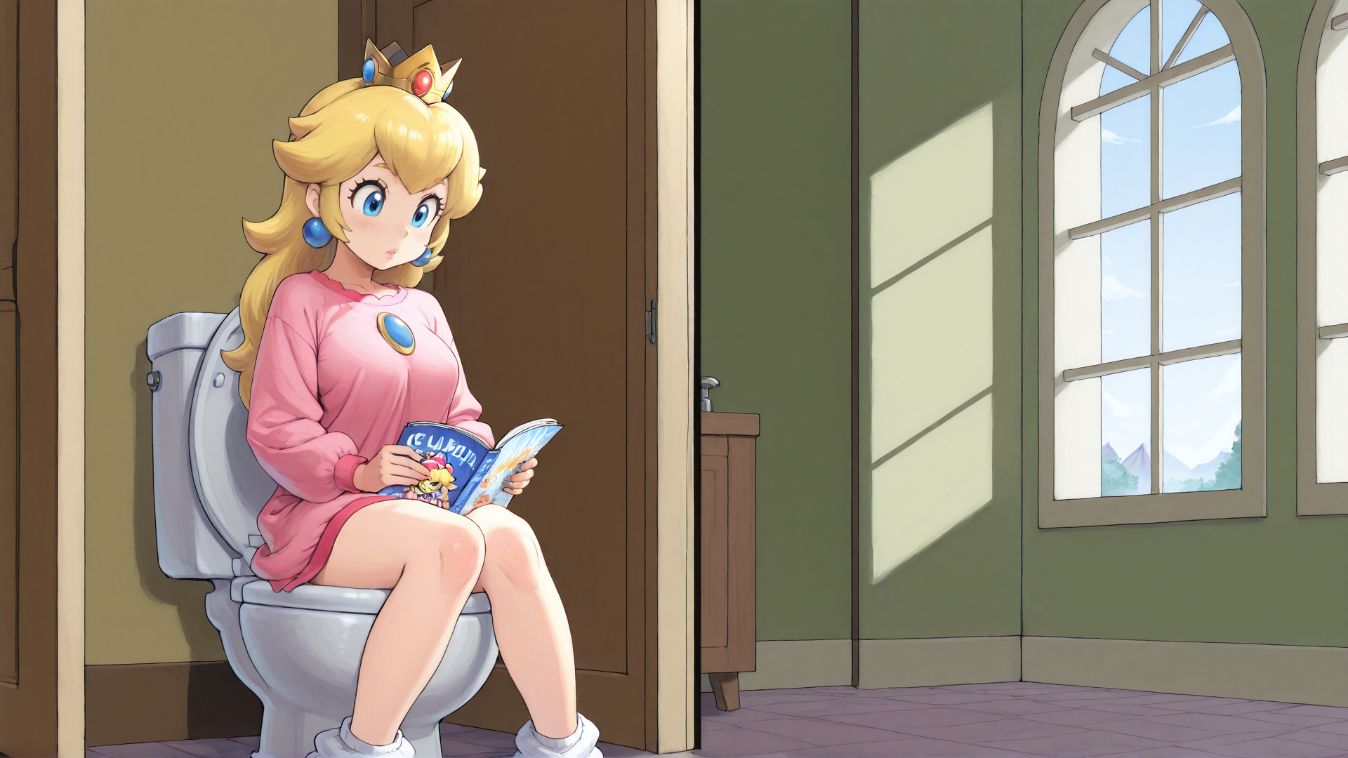 AI generated wallpaper featuring princess peach, toilet, book, window, door, sweater, crown, ears, shoes, dress