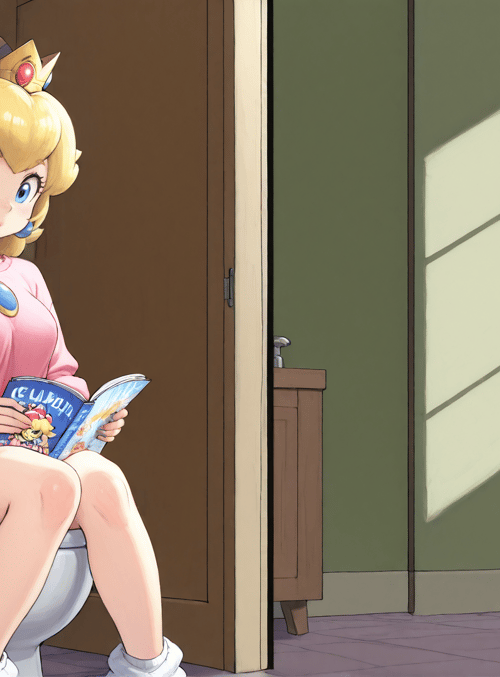 princess peach, toilet, book, window, door, sweater, crown, ears, shoes, dress