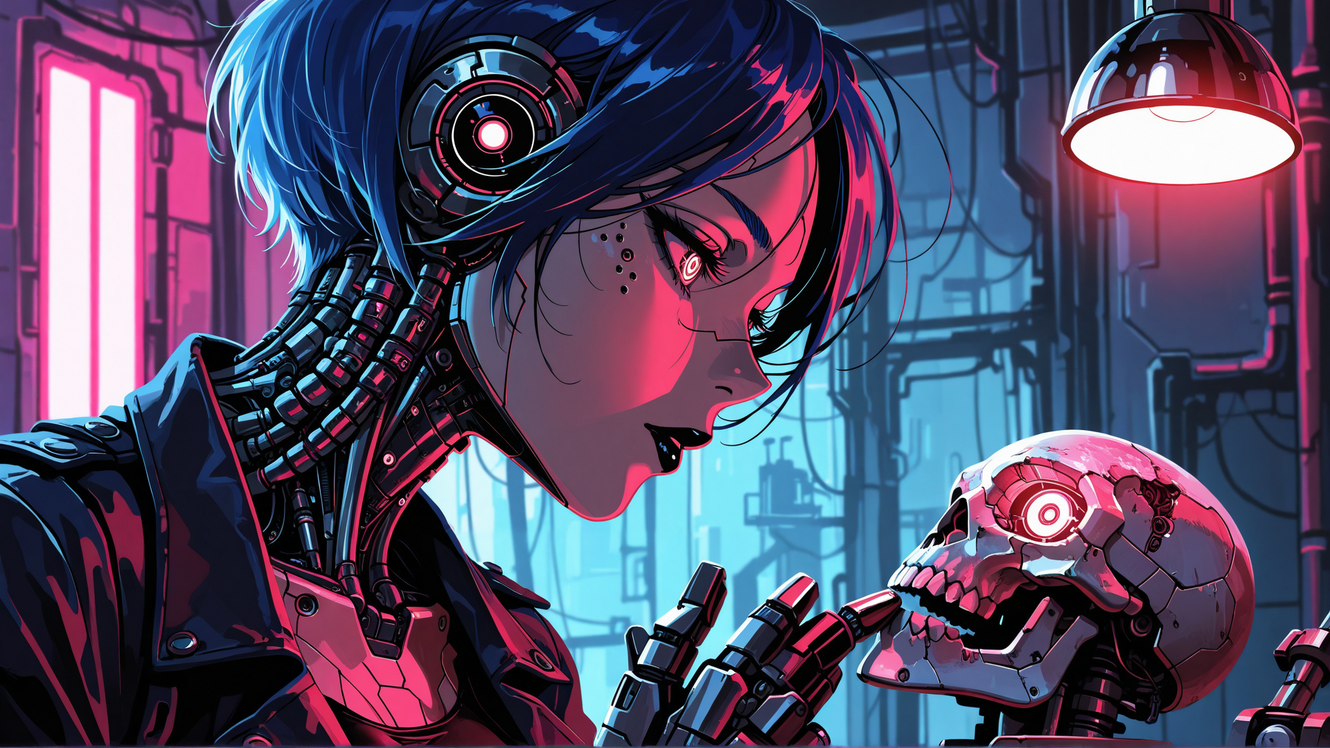 AI generated wallpaper featuring cyborg, robot, skull