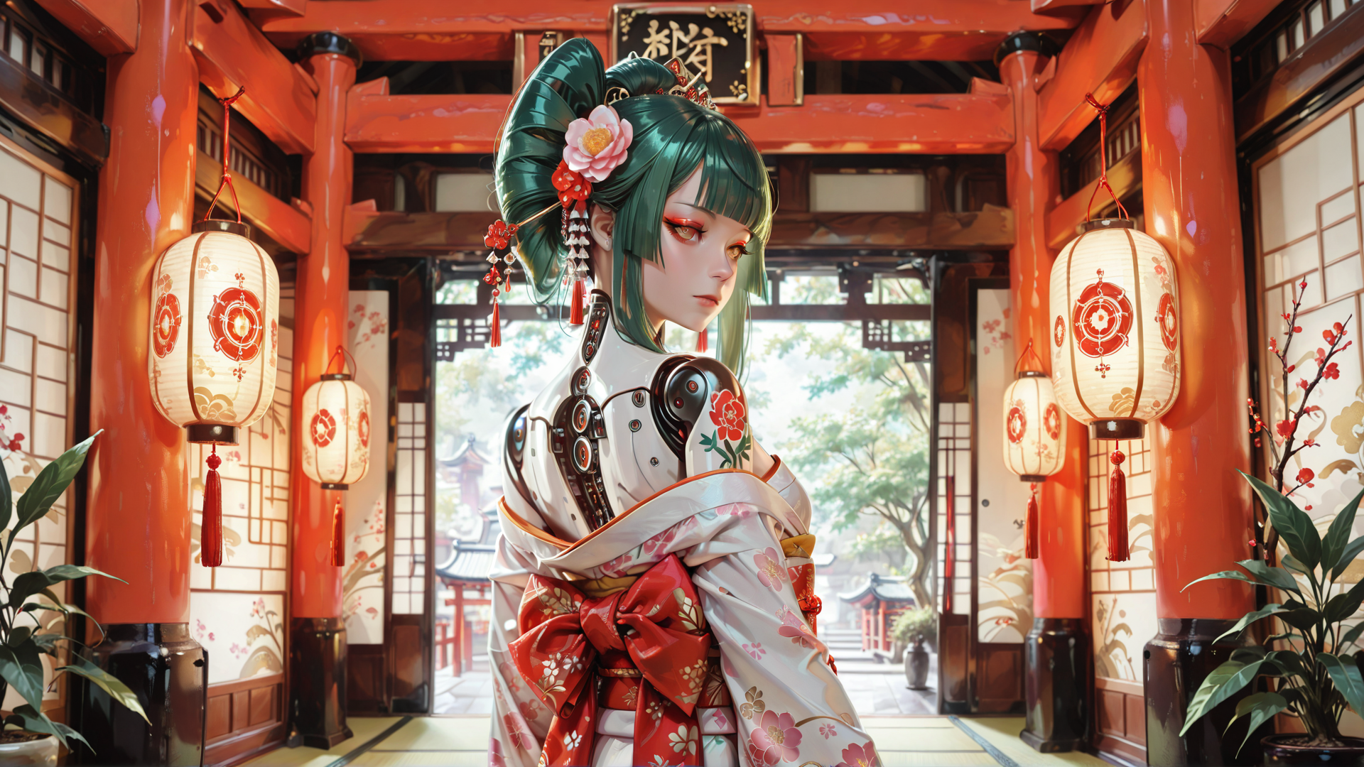 AI generated wallpaper featuring woman, kimono, lanterns, traditional, architecture, robotic, flower, garden, sash, hair