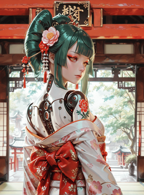woman, kimono, lanterns, traditional, architecture, robotic, flower, garden, sash, hair