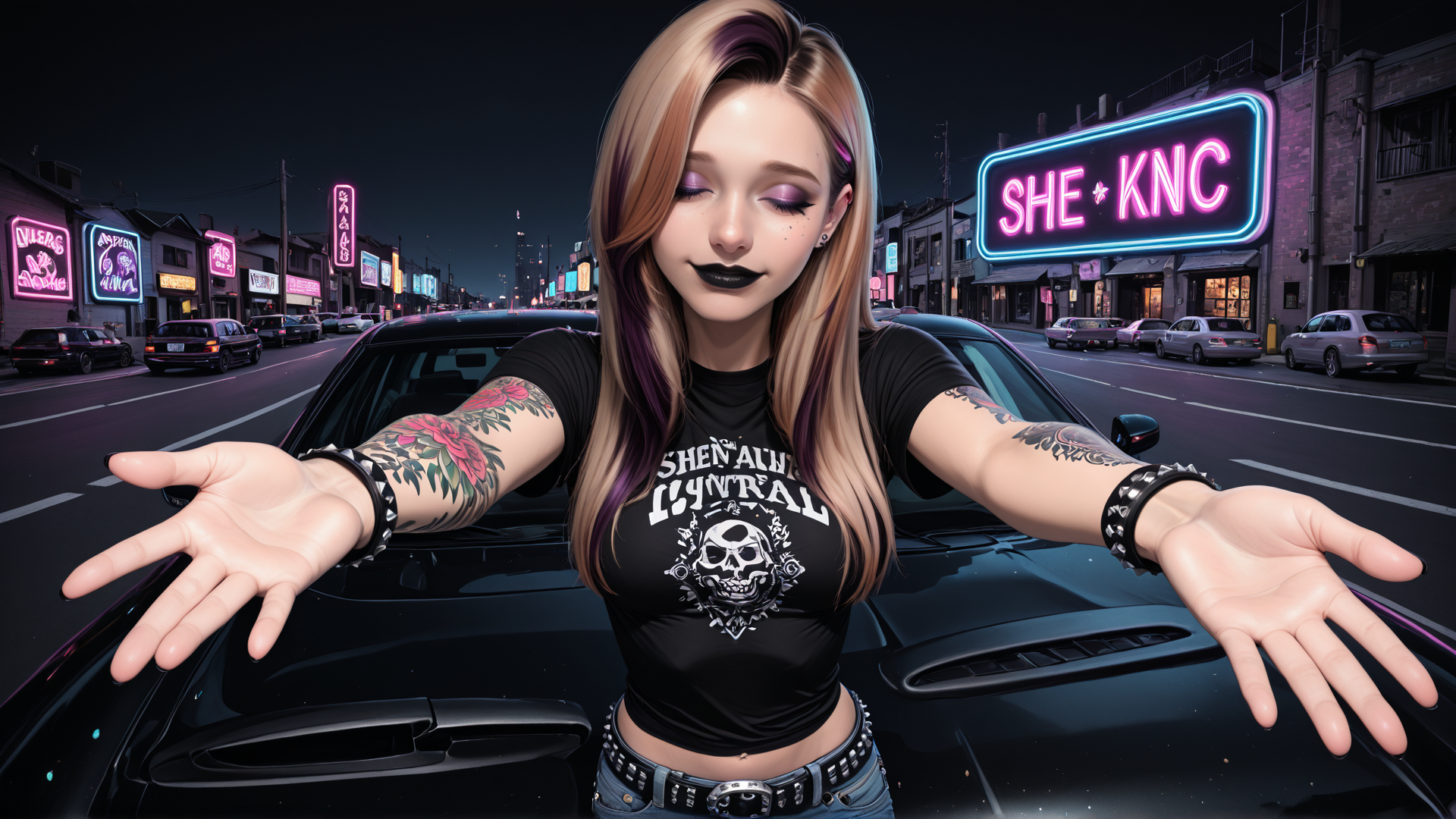 AI generated wallpaper featuring woman, car, tattoo, neon sign, street