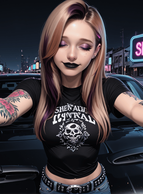 woman, car, tattoo, neon sign, street