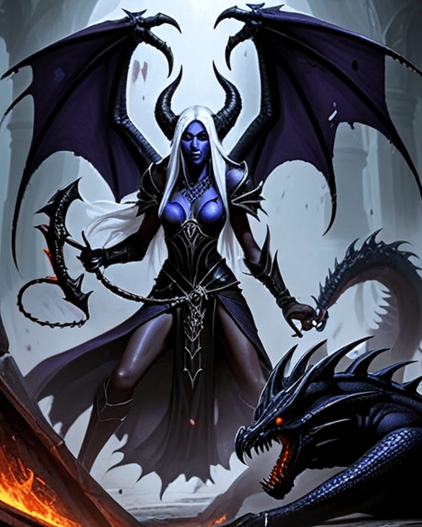 AI generated wallpaper featuring dragon, demon, woman, armor, scales, wings, horns, chain, cloak, spear