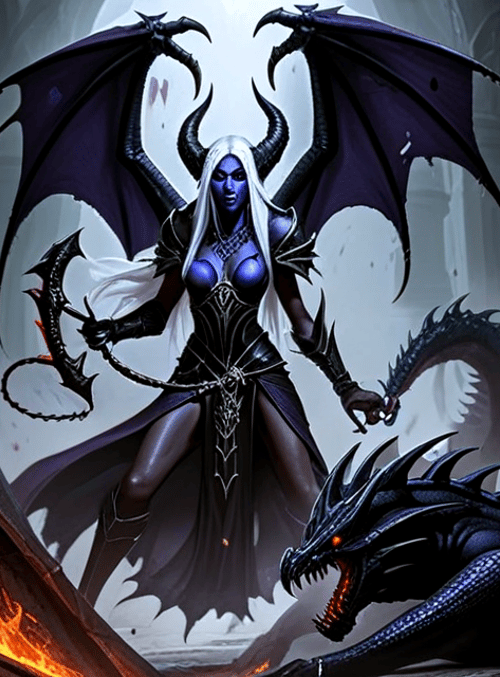 dragon, demon, woman, armor, scales, wings, horns, chain, cloak, spear