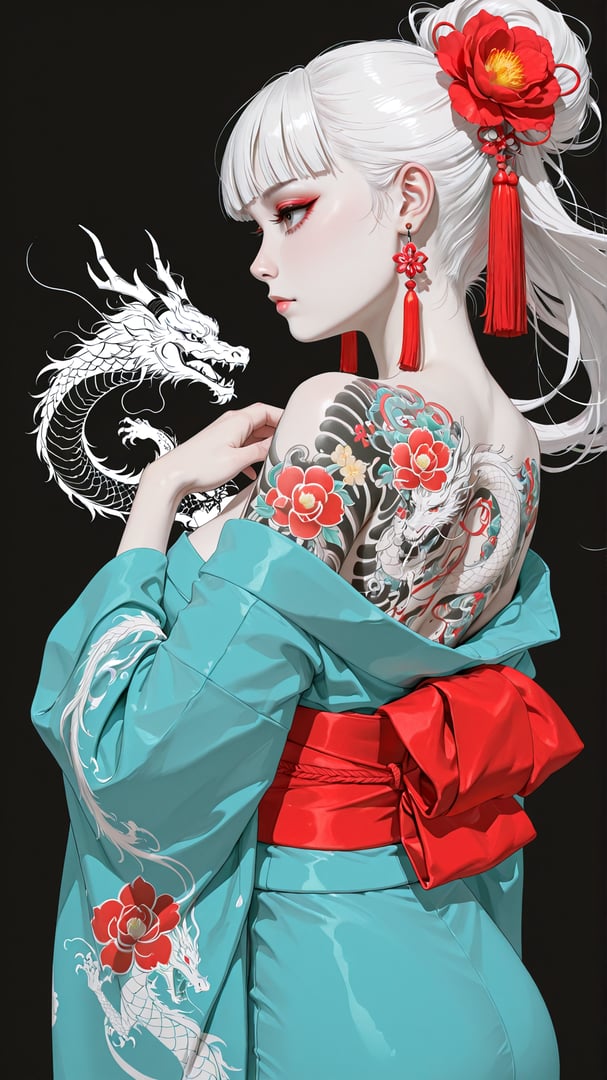 AI generated wallpaper featuring woman, dragon, tattoo, kimono, flower