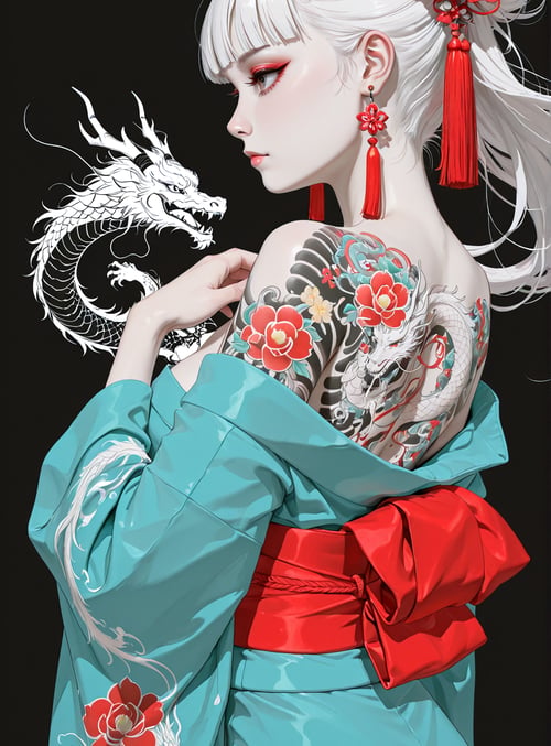 woman, dragon, tattoo, kimono, flower