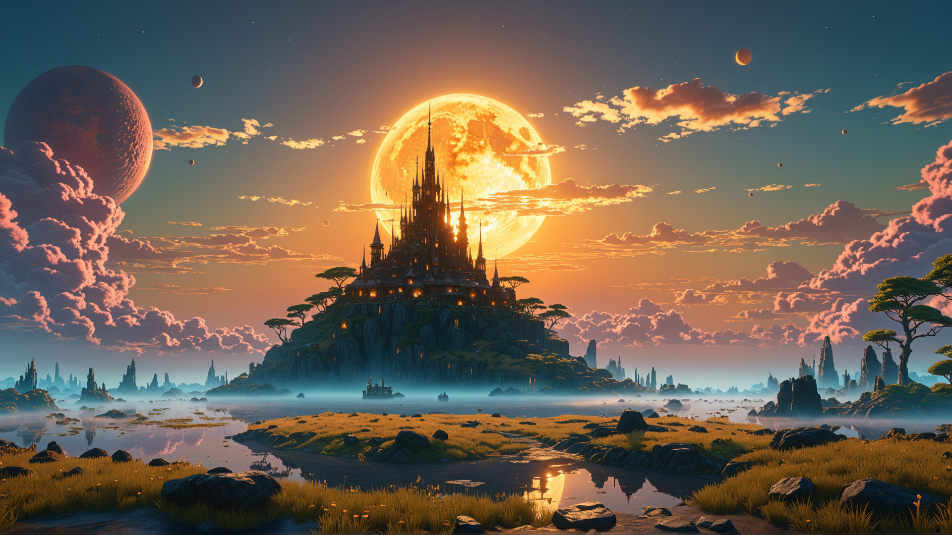 AI generated wallpaper featuring castle, planet, landscape