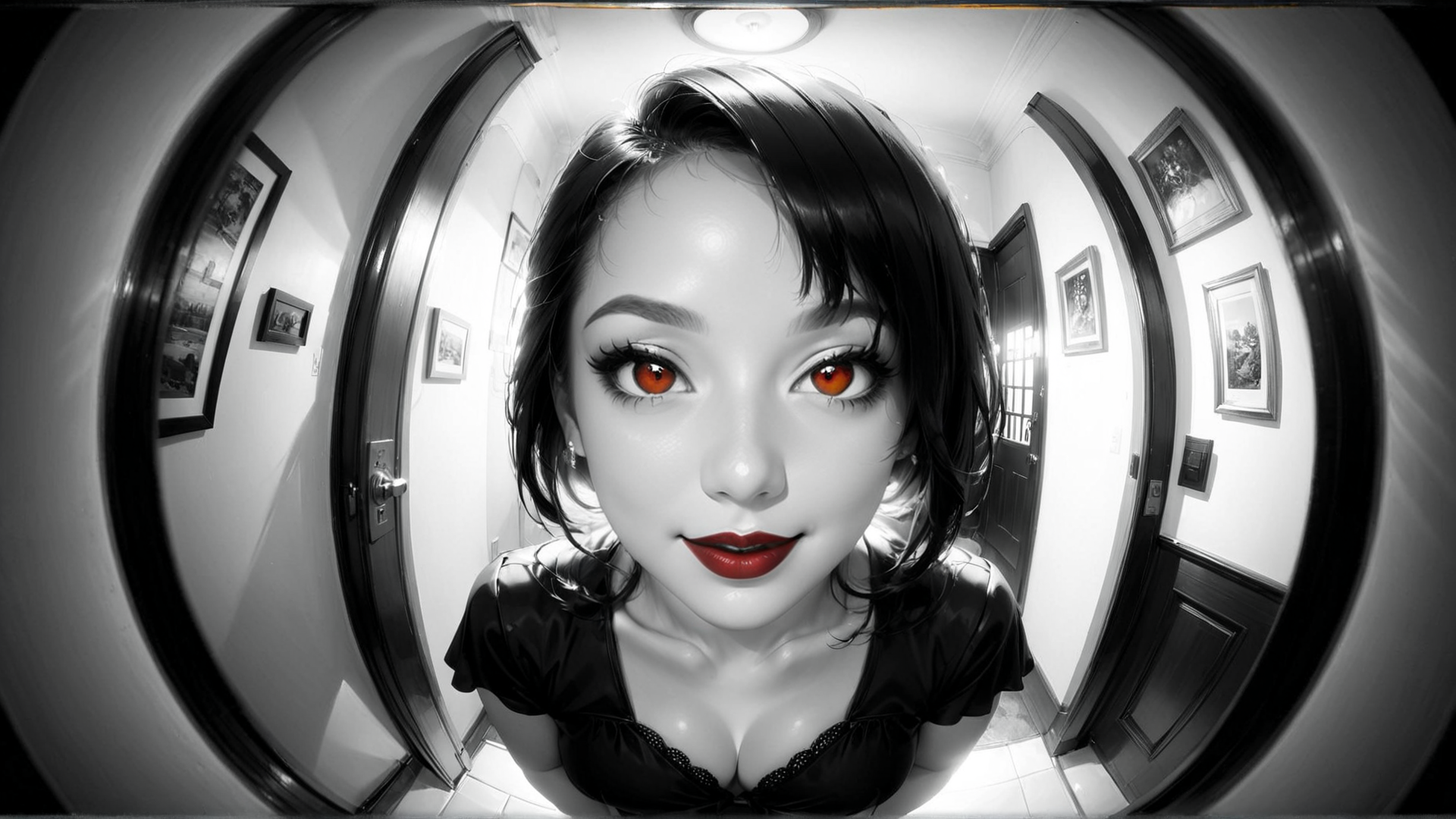 AI generated wallpaper featuring woman, corridor, door, picture frame, mirror, dress, hair, lips, eyes, ceiling