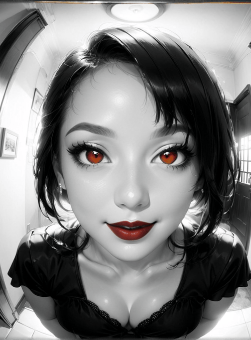 woman, corridor, door, picture frame, mirror, dress, hair, lips, eyes, ceiling