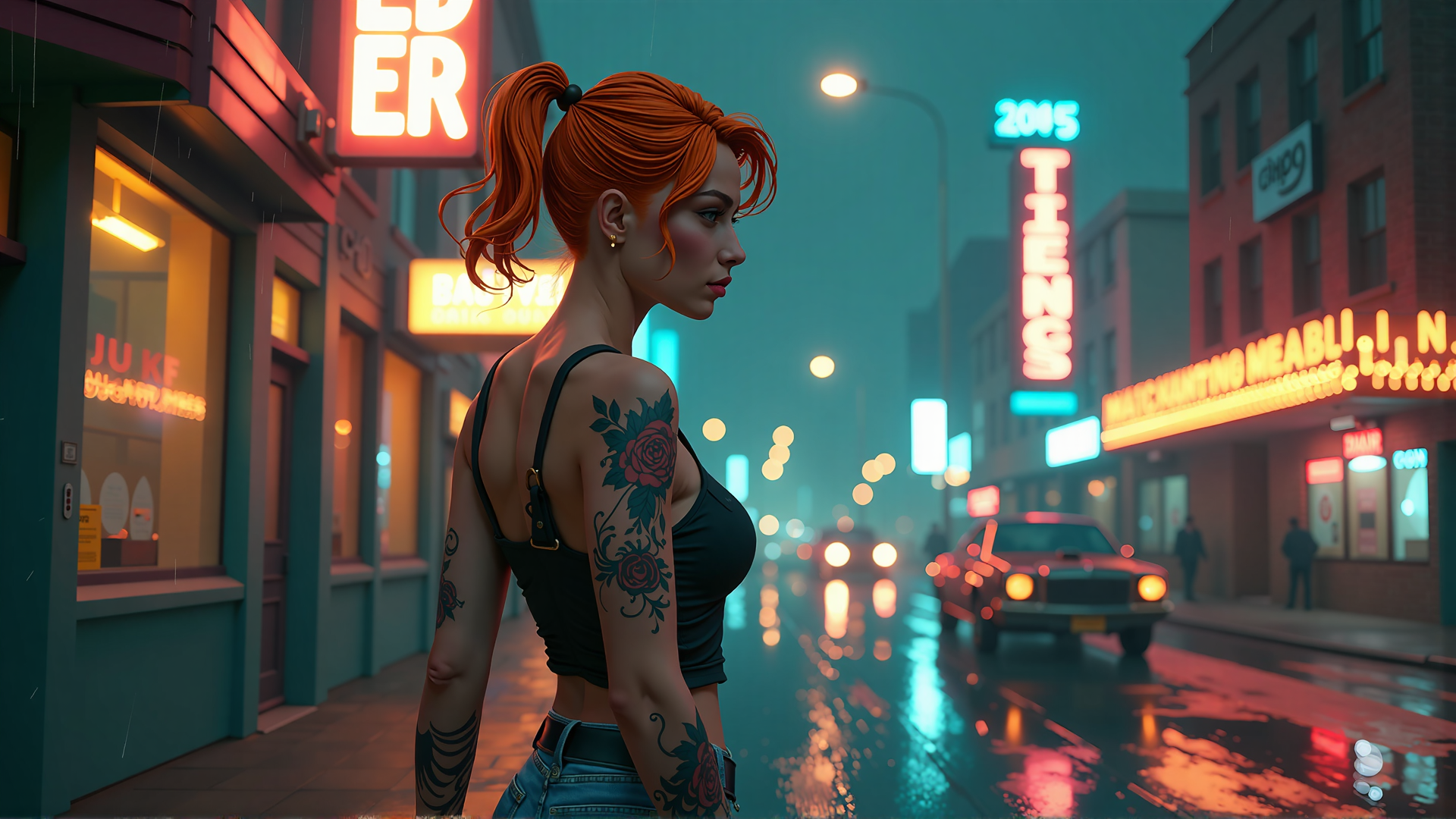 AI generated wallpaper featuring woman, tattoo, neon, city, street, car, sign, rain, policeman, punk