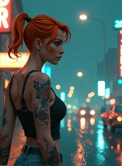 woman, tattoo, neon, city, street, car, sign, rain, policeman, punk
