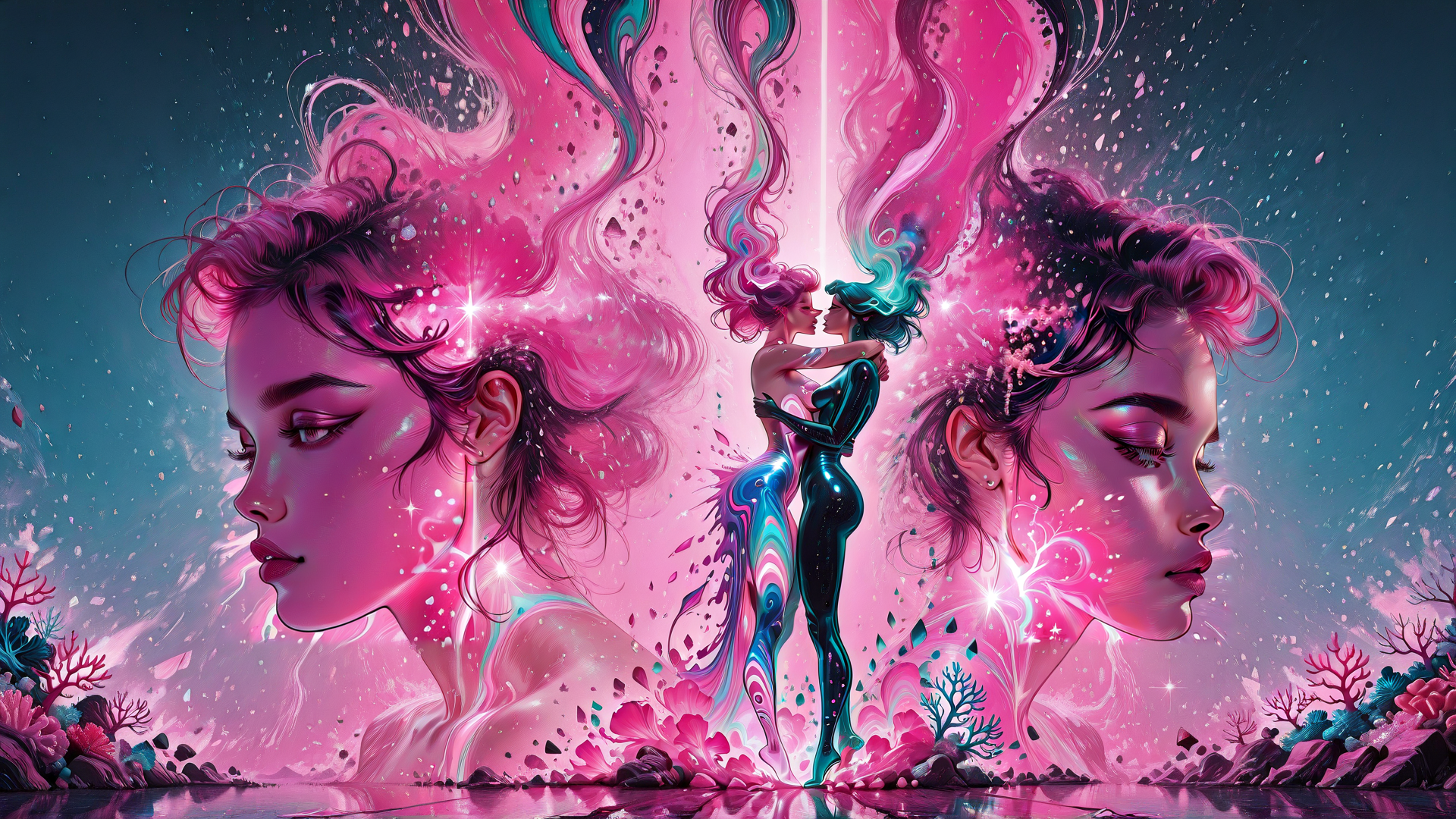 AI generated wallpaper featuring women, dancers, corals, flowers, hair, reflection, universe, stars