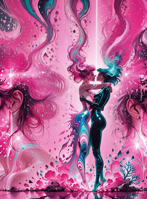 women, dancers, corals, flowers, hair, reflection, universe, stars
